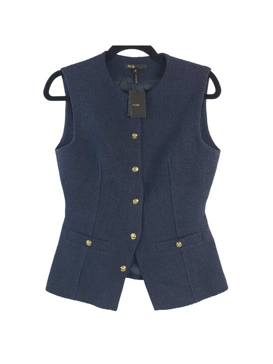 Maje Tops - NEW Maje Navy Sleeveless Button-Front Tweed Vest With Gold-Tone Buttons Size 36